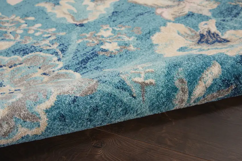 Turquoise Cream and Navy Blue Floral Distressed Area Rug Photo 7