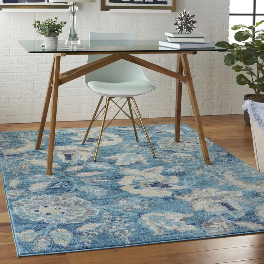 Turquoise Cream and Navy Blue Floral Distressed Area Rug Photo 5