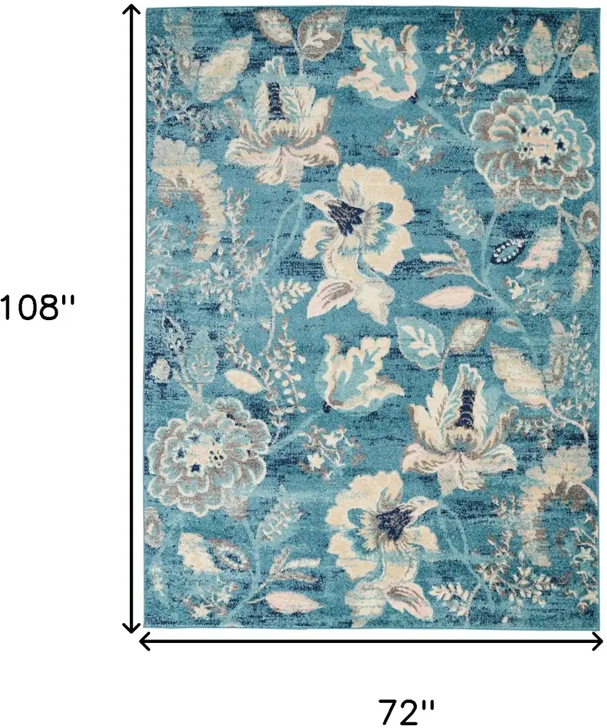 Turquoise Cream and Navy Blue Floral Distressed Area Rug Photo 3
