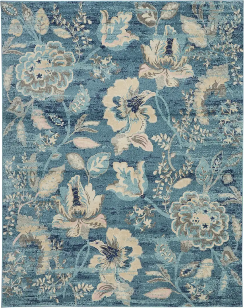 Turquoise Cream and Navy Blue Floral Distressed Area Rug Photo 2