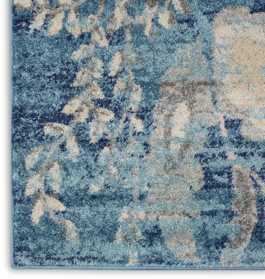 Turquoise Cream and Navy Blue Floral Distressed Area Rug Photo 7
