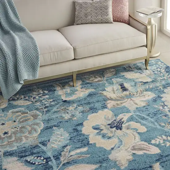 Turquoise Cream and Navy Blue Floral Distressed Area Rug Photo 4