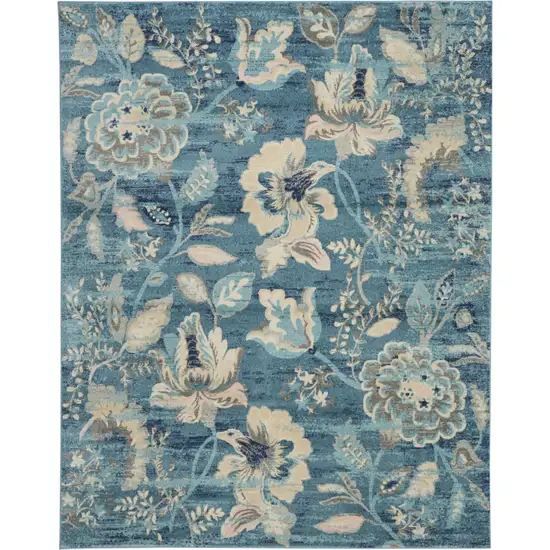 Turquoise Cream and Navy Blue Floral Distressed Area Rug Photo 1