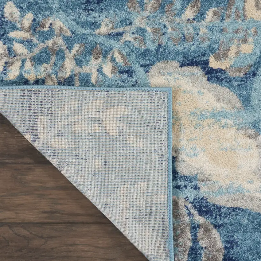 Turquoise Cream and Navy Blue Floral Distressed Area Rug Photo 8