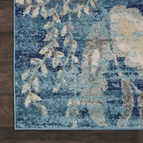Turquoise Cream and Navy Blue Floral Distressed Area Rug Photo 9