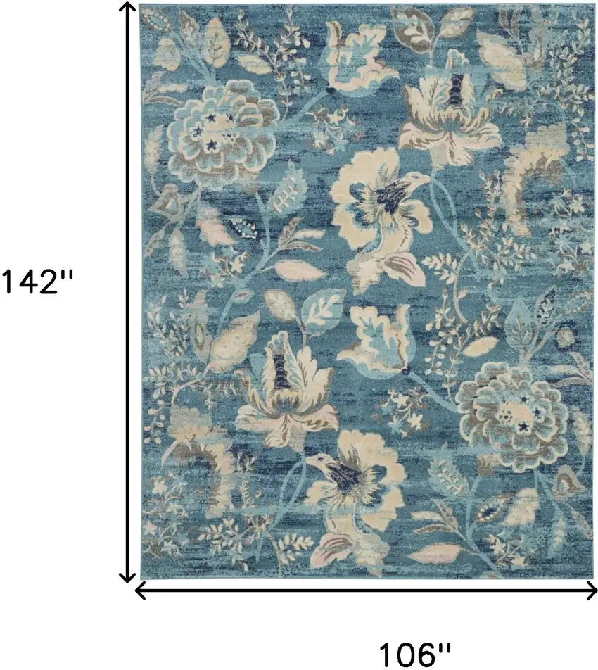 Turquoise Cream and Navy Blue Floral Distressed Area Rug Photo 3