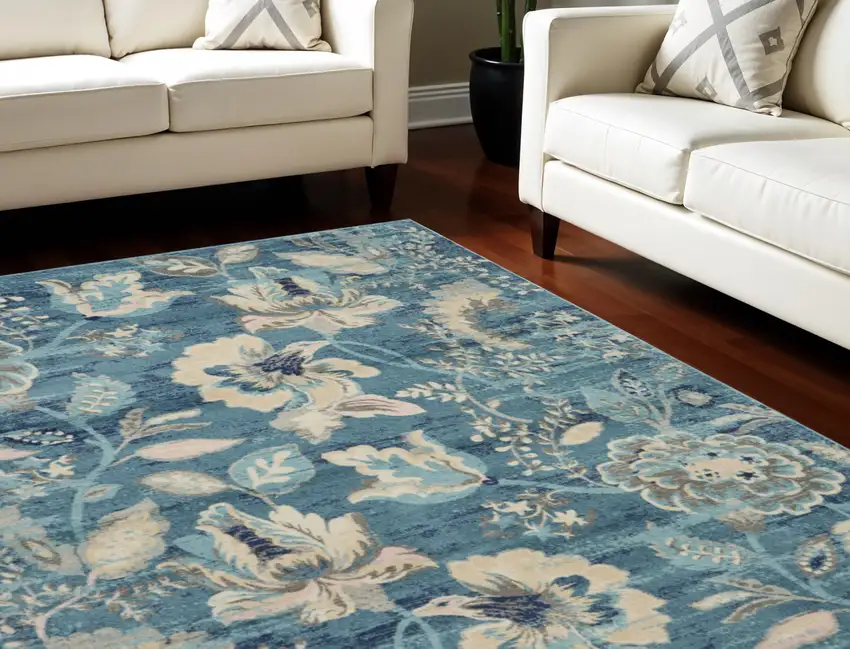 Turquoise Cream and Navy Blue Floral Distressed Area Rug Photo 1