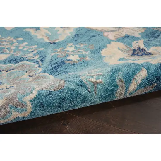Turquoise Cream and Navy Blue Floral Distressed Area Rug Photo 8