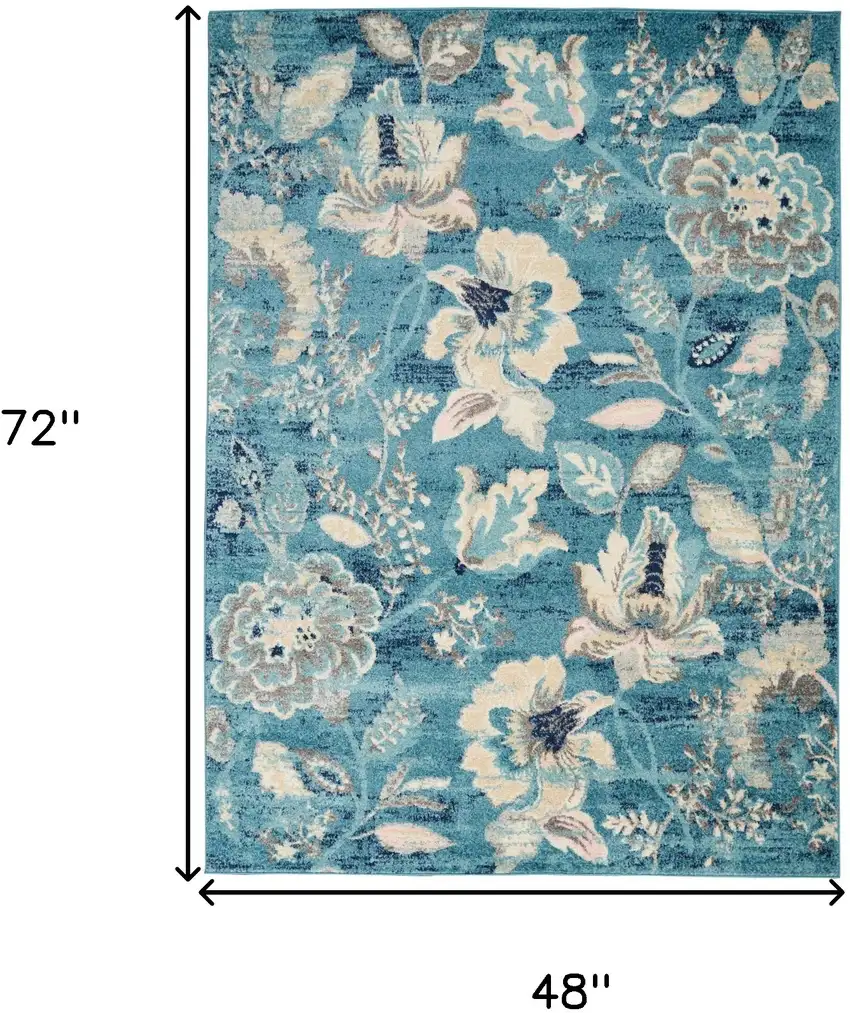 Turquoise Cream and Navy Blue Floral Distressed Area Rug Photo 3