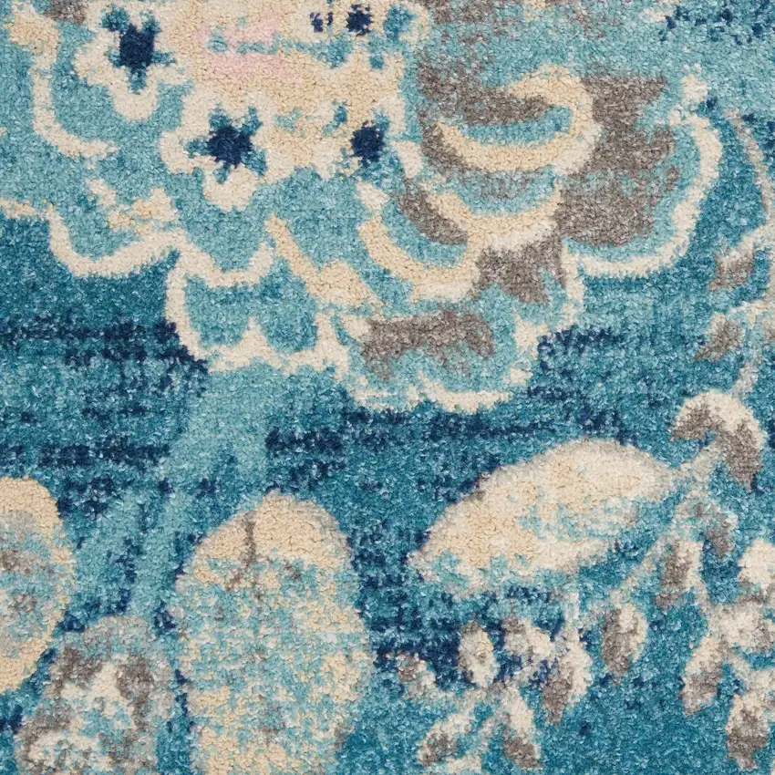 Turquoise Cream and Navy Blue Floral Distressed Area Rug Photo 7
