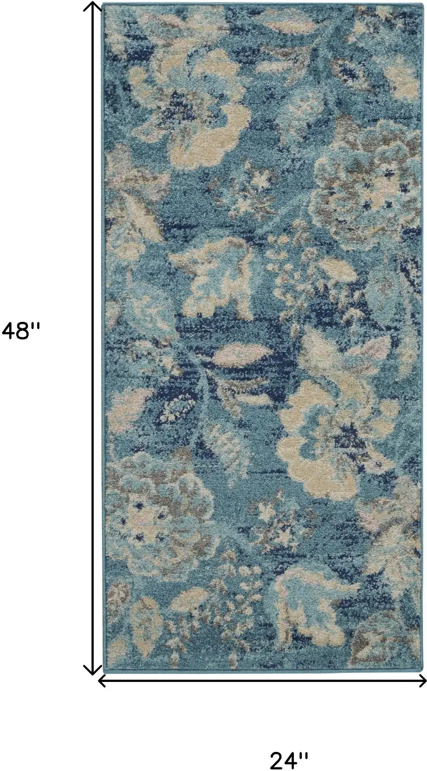 Turquoise Cream and Navy Blue Floral Distressed Area Rug Photo 3