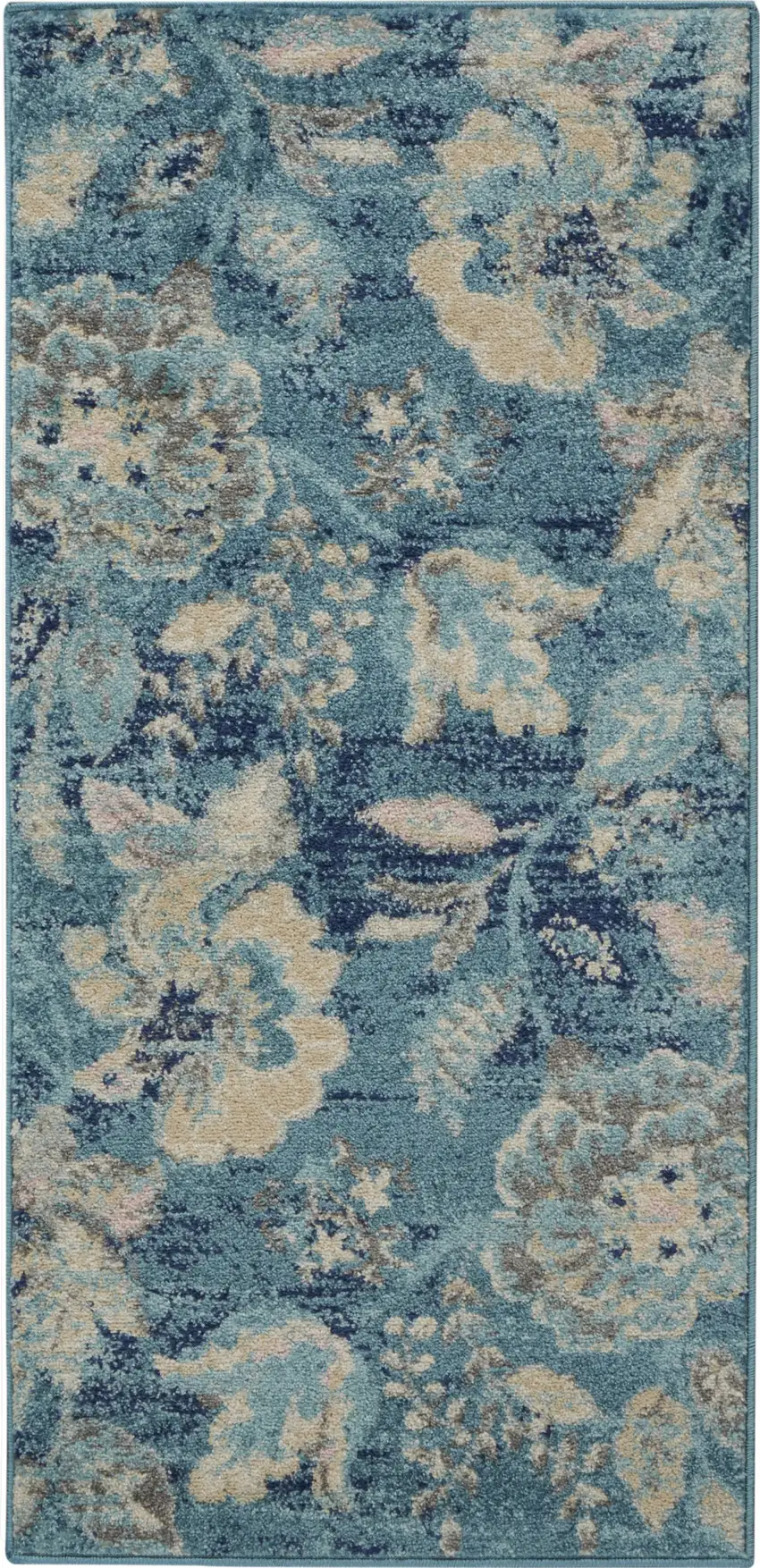 Turquoise Cream and Navy Blue Floral Distressed Area Rug Photo 8