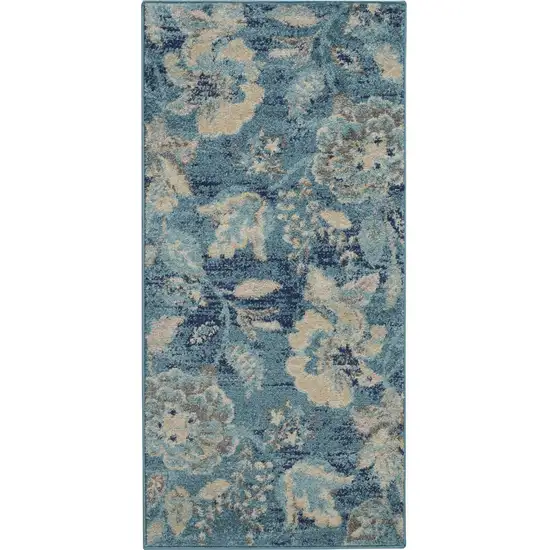 Turquoise Cream and Navy Blue Floral Distressed Area Rug Photo 1