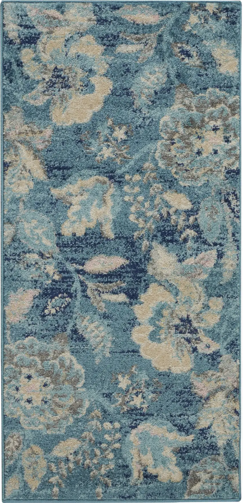Turquoise Cream and Navy Blue Floral Distressed Area Rug Photo 1