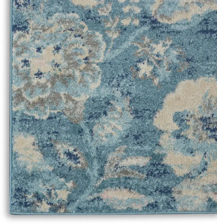 Turquoise Cream and Navy Blue Floral Distressed Area Rug Photo 8