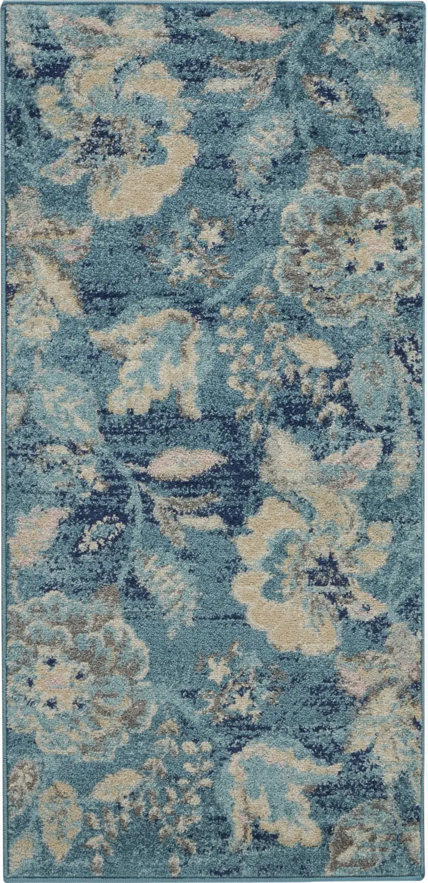 Turquoise Cream and Navy Blue Floral Distressed Area Rug Photo 2