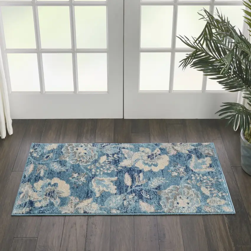 Turquoise Cream and Navy Blue Floral Distressed Area Rug Photo 5