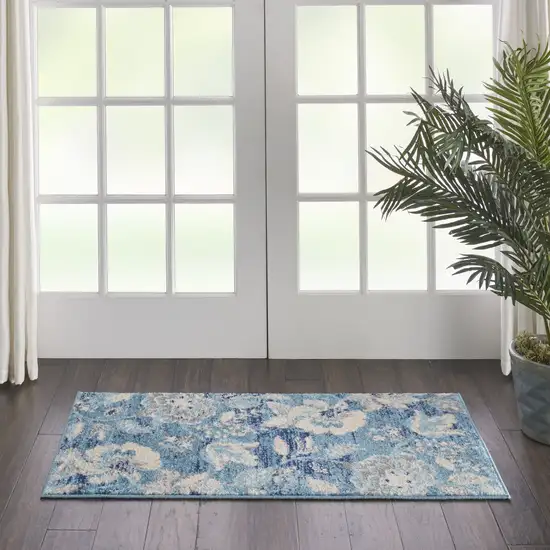 Turquoise Cream and Navy Blue Floral Distressed Area Rug Photo 4