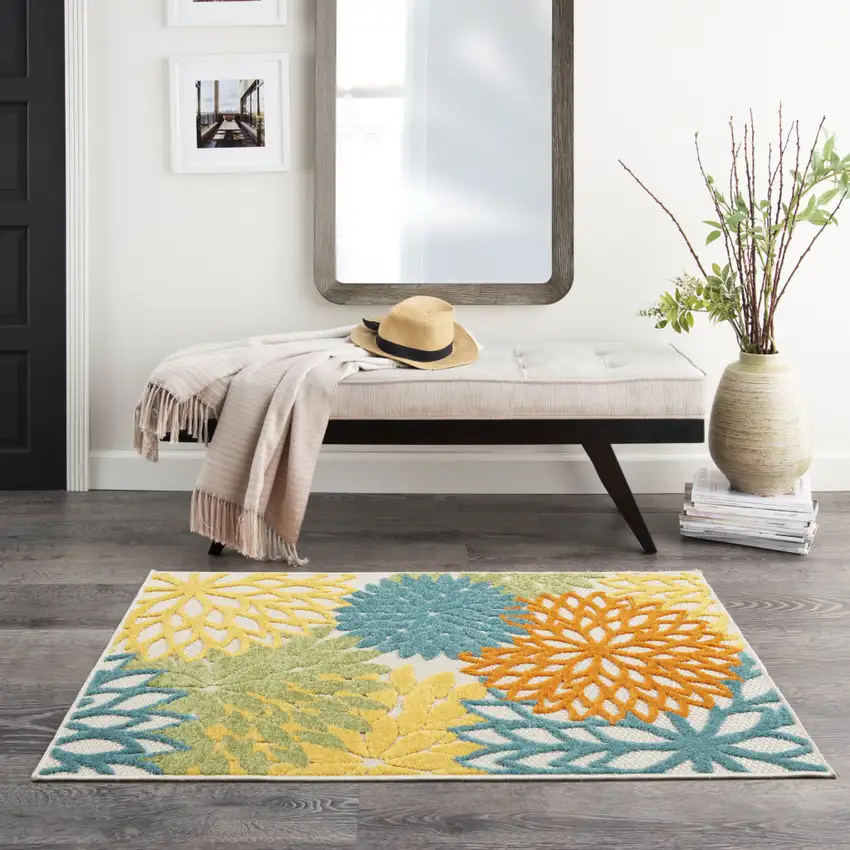 Turquoise Floral Non Skid Indoor Outdoor Area Rug Photo 9