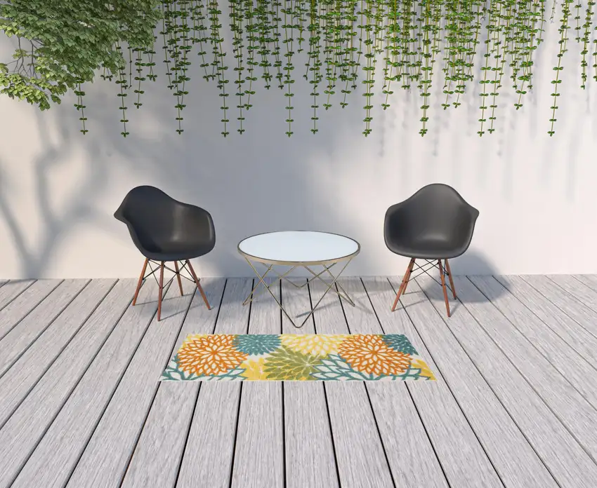 Turquoise Floral Non Skid Indoor Outdoor Runner Rug Photo 2