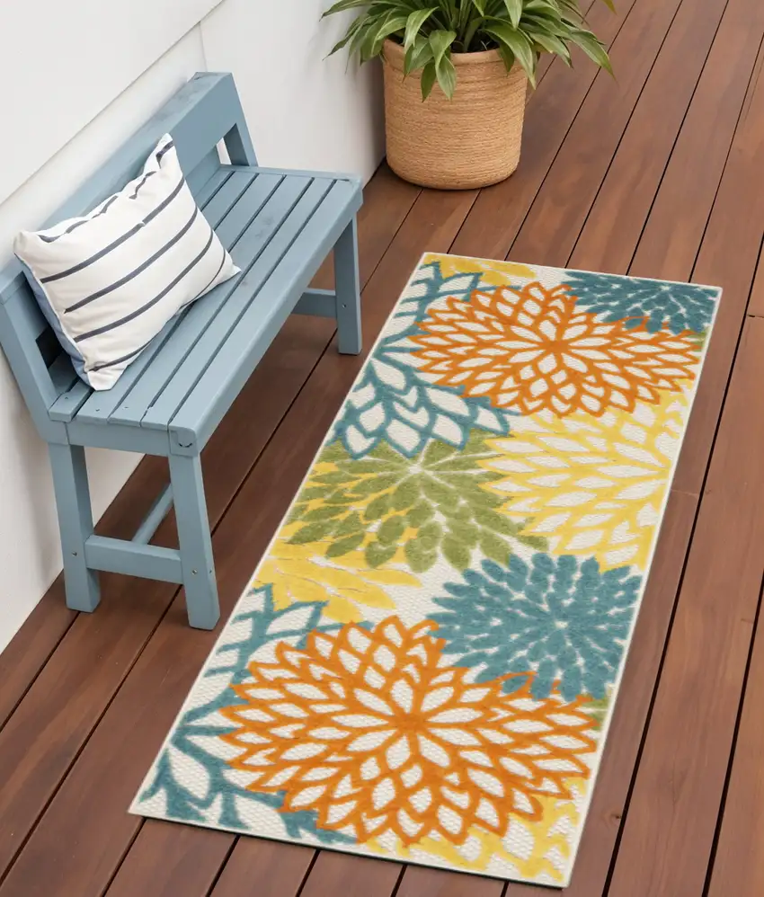 6' Blue And Yellow Indoor Outdoor Runner Rug Photo 2