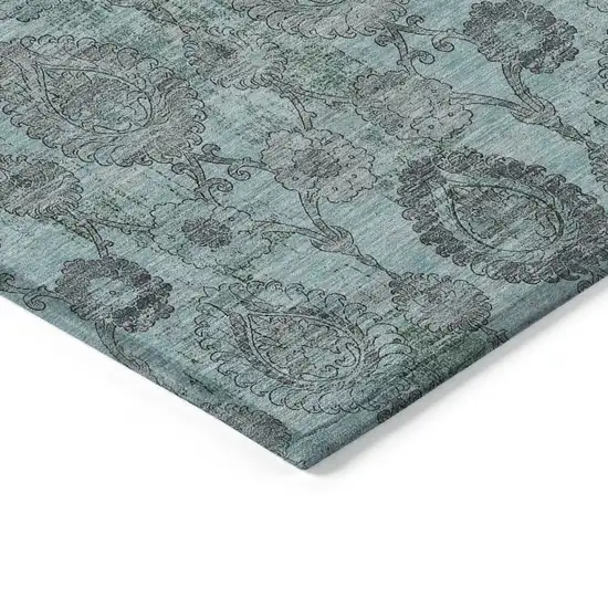 Turquoise Gray And Charcoal Damask Washable Indoor Outdoor Area Rug Photo 5
