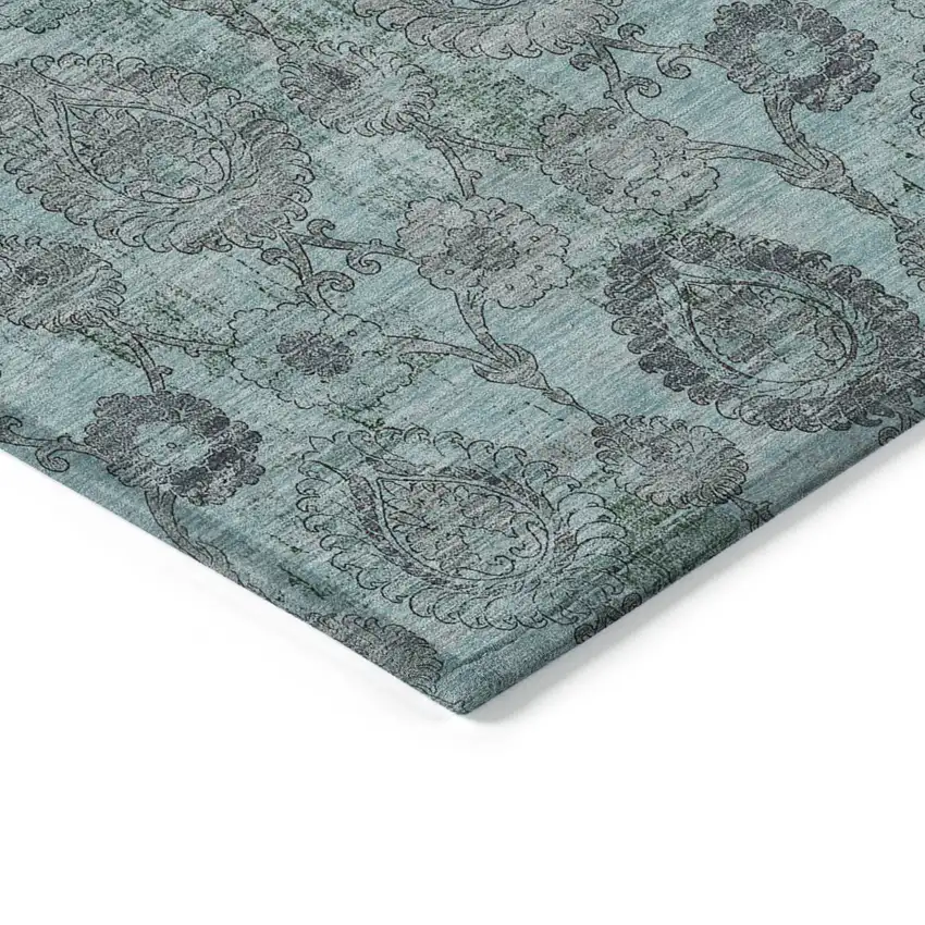 Turquoise Gray And Charcoal Damask Washable Indoor Outdoor Area Rug Photo 5