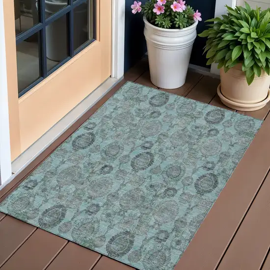 Turquoise Gray And Charcoal Damask Washable Indoor Outdoor Area Rug Photo 1