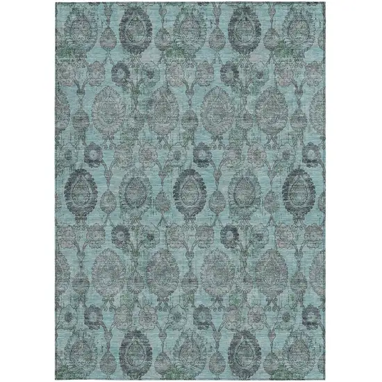 Turquoise Gray And Charcoal Damask Washable Indoor Outdoor Area Rug Photo 6