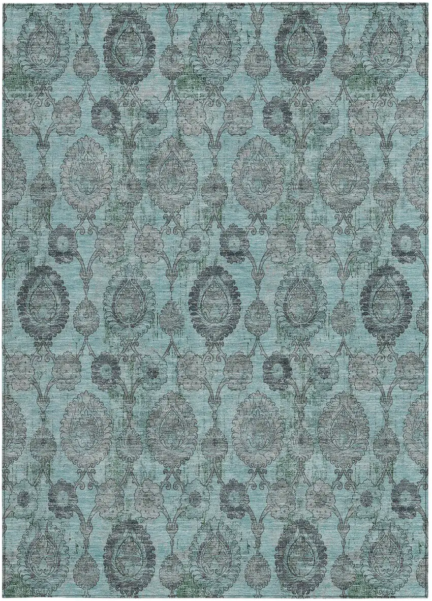 Turquoise Gray And Charcoal Damask Washable Indoor Outdoor Area Rug Photo 6
