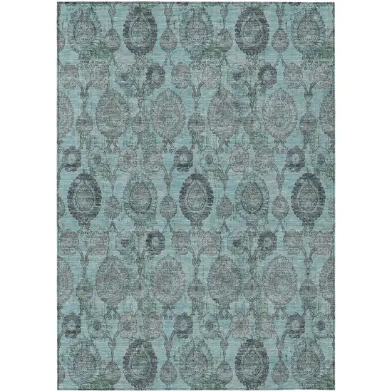 Turquoise Gray And Charcoal Damask Washable Indoor Outdoor Area Rug Photo 2