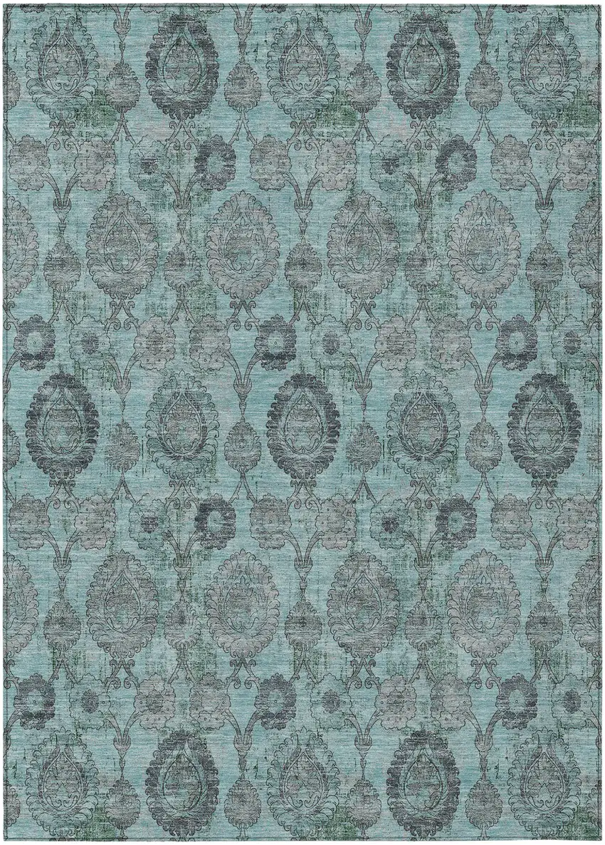 Turquoise Gray And Charcoal Damask Washable Indoor Outdoor Area Rug Photo 2