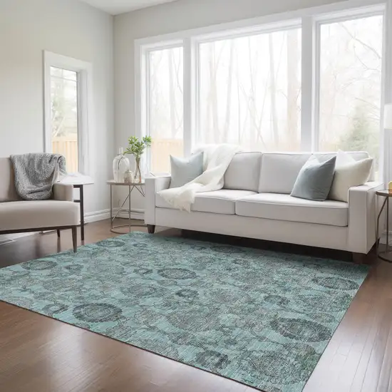Turquoise Gray And Charcoal Damask Washable Indoor Outdoor Area Rug Photo 9