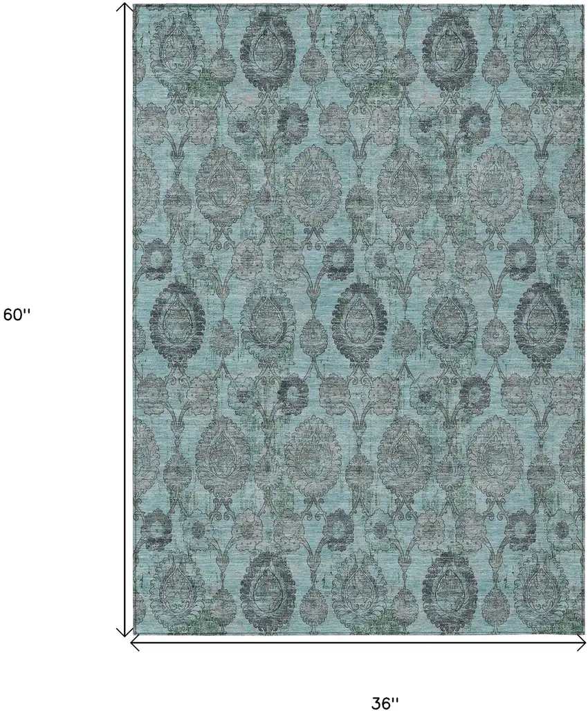 Turquoise Gray And Charcoal Damask Washable Indoor Outdoor Area Rug Photo 3
