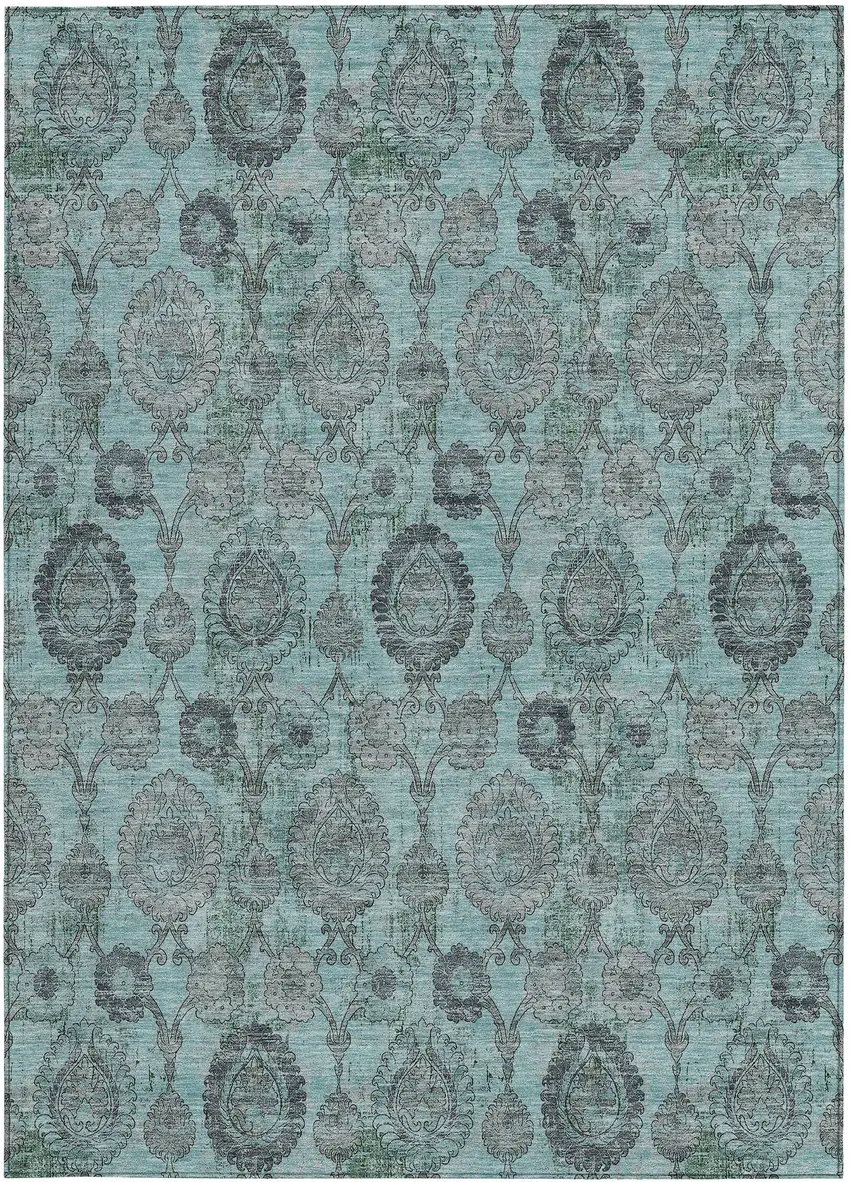 Turquoise Gray And Charcoal Damask Washable Indoor Outdoor Area Rug Photo 6