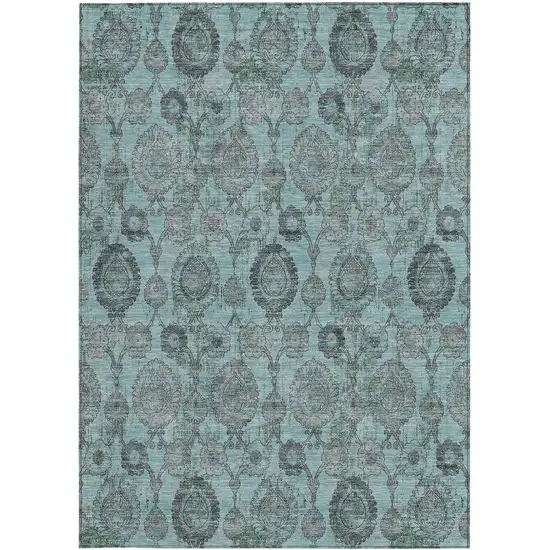 Turquoise Gray And Charcoal Damask Washable Indoor Outdoor Area Rug Photo 6
