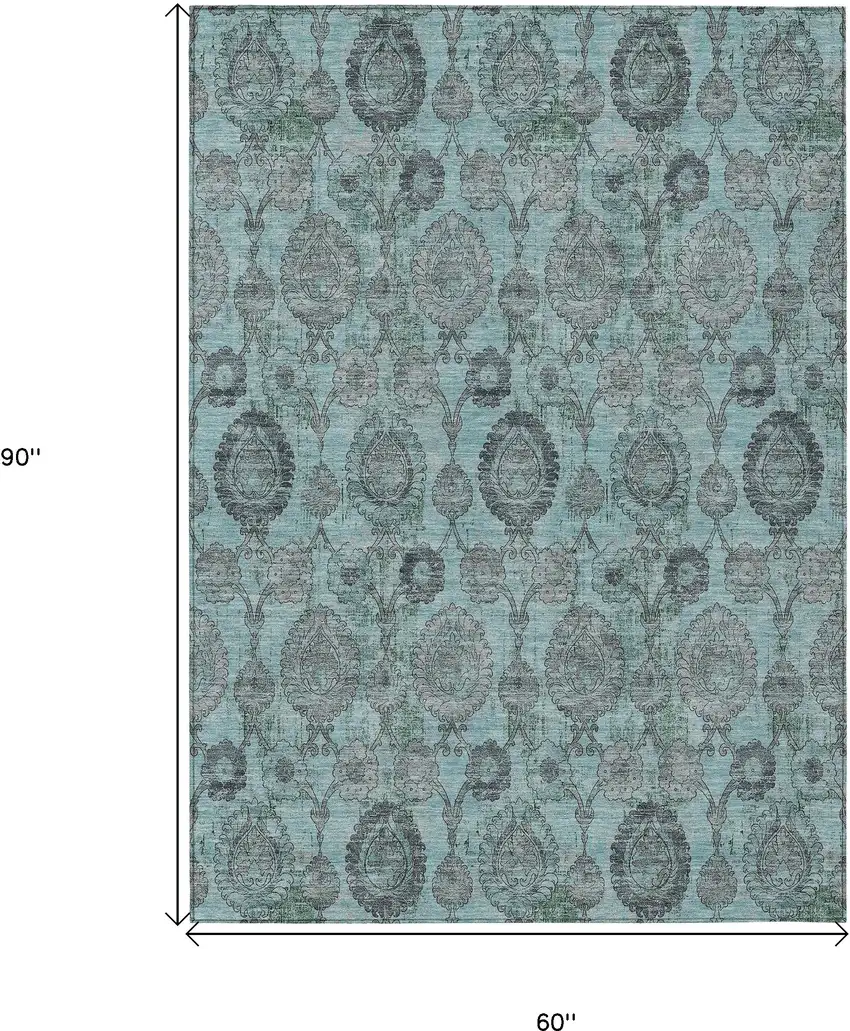Turquoise Gray And Charcoal Damask Washable Indoor Outdoor Area Rug Photo 3