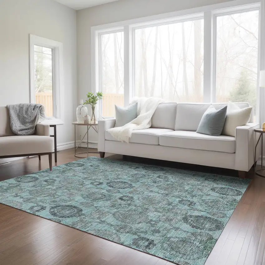 Turquoise Gray And Charcoal Damask Washable Indoor Outdoor Area Rug Photo 9