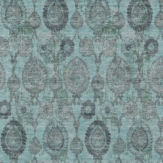 Turquoise Gray And Charcoal Damask Washable Indoor Outdoor Area Rug Photo 6