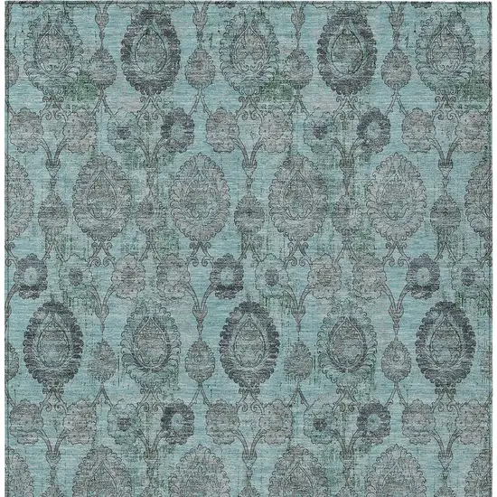 Turquoise Gray And Charcoal Damask Washable Indoor Outdoor Area Rug Photo 7