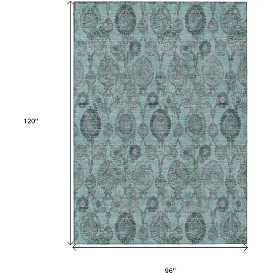 Turquoise Gray And Charcoal Damask Washable Indoor Outdoor Area Rug Photo 3