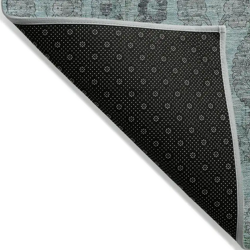 Turquoise Gray And Charcoal Damask Washable Indoor Outdoor Area Rug Photo 4