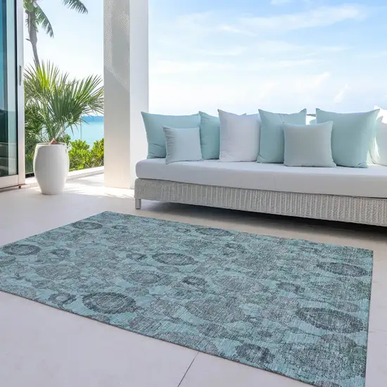 Turquoise Gray And Charcoal Damask Washable Indoor Outdoor Area Rug Photo 8
