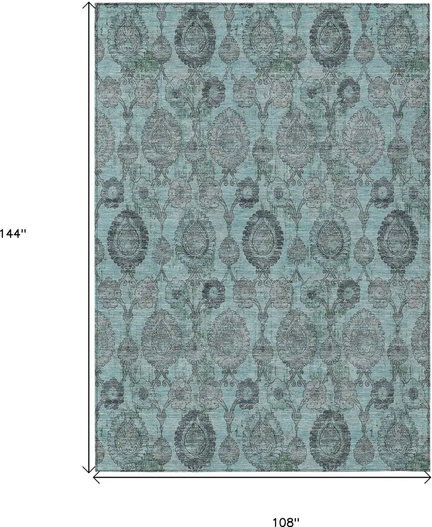 Turquoise Gray And Charcoal Damask Washable Indoor Outdoor Area Rug Photo 3