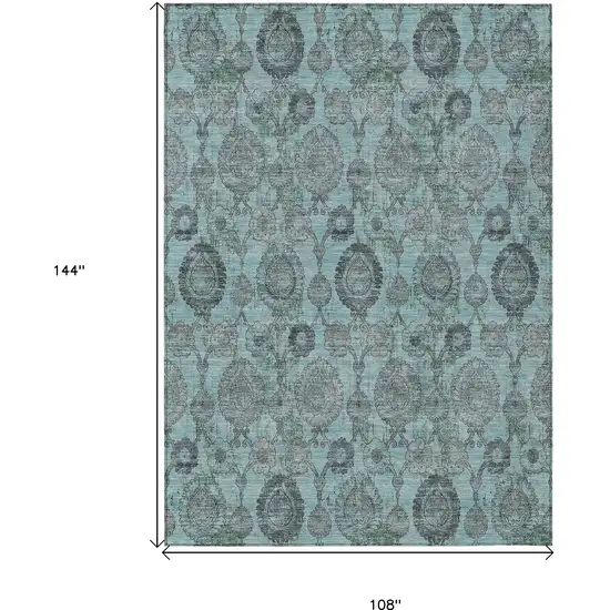 Turquoise Gray And Charcoal Damask Washable Indoor Outdoor Area Rug Photo 3