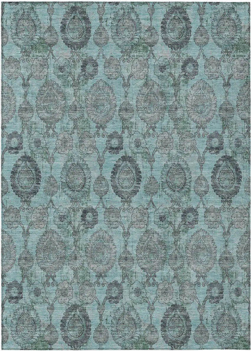 Turquoise Gray And Charcoal Damask Washable Indoor Outdoor Area Rug Photo 2