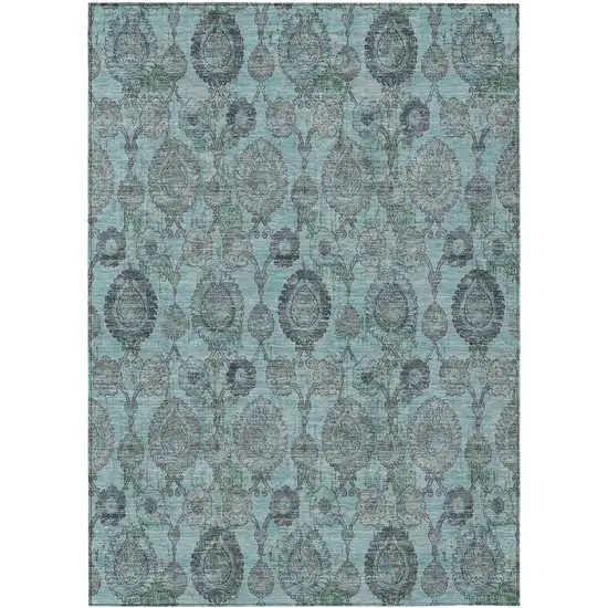 Turquoise Gray And Charcoal Damask Washable Indoor Outdoor Area Rug Photo 2