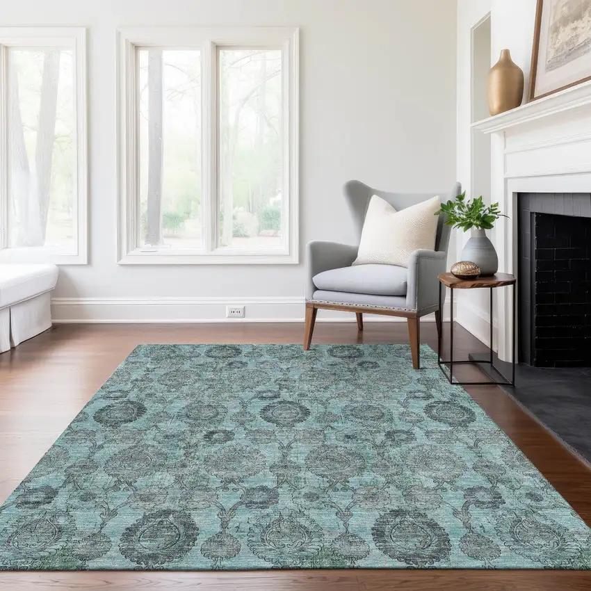 Turquoise Gray And Charcoal Damask Washable Indoor Outdoor Area Rug Photo 9