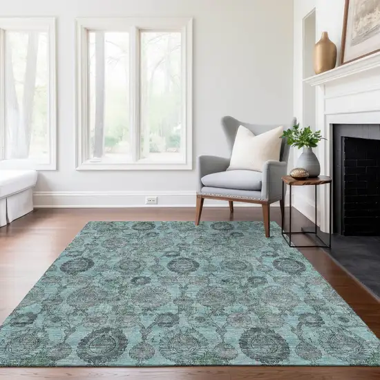 Turquoise Gray And Charcoal Damask Washable Indoor Outdoor Area Rug Photo 9