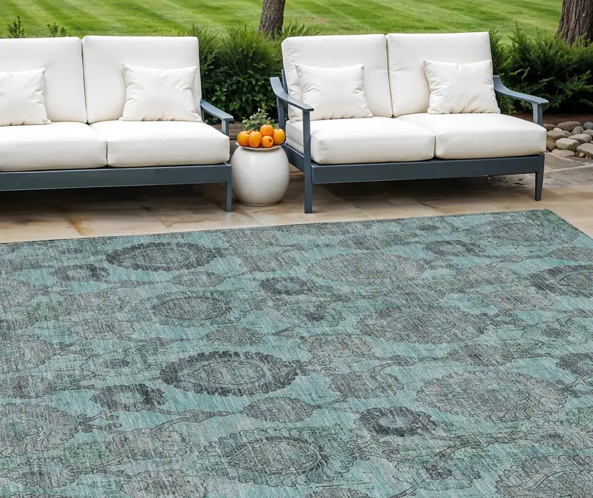 Turquoise Gray And Charcoal Damask Washable Indoor Outdoor Area Rug Photo 1